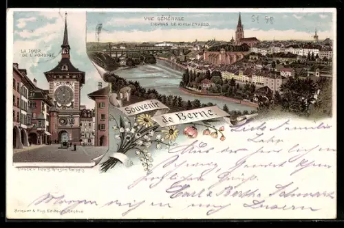 Lithographie Berne, Vue générale depuis le Kirchenfeld, La tour de l`horloge