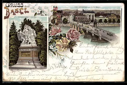 Lithographie Basel, Strassburger-Denkmal, Alte Rheinbrücke von Klein Basel