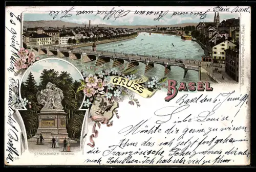 Lithographie Basel, Rhein mit Brücke und Strassburger Denkmal