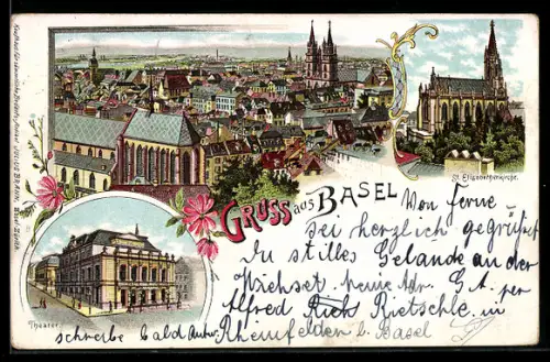 Lithographie Basel, Stadtansicht mit Kathedrale, St. Elisabethenkirche und Theater