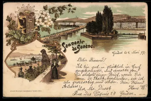 Lithographie Genève, Quais du lac avec pont et île