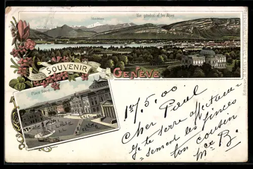 Lithographie Genève, Vue générale et les Alpes, Place Neuve