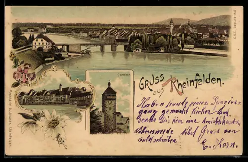 Lithographie Rheinfelden, Stadtansicht mit Rhein, Brücke und Oberthor