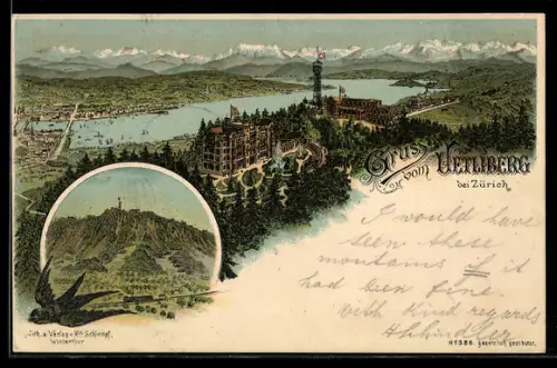 Lithographie Zürich, Blick vom Uetliberg, Panorama mit Sendeturm