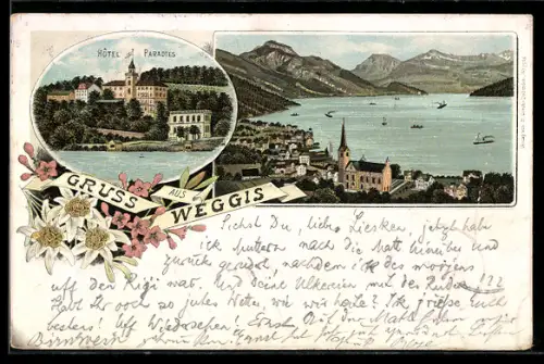 Lithographie Weggis, Hotel Paradies und Ortsansicht am See