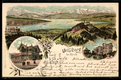 Lithographie Uetliberg, Panorama mit Zürichsee und Teilansichten