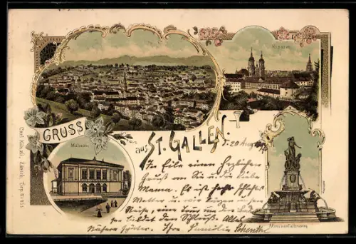 Lithographie St. Gallen, Stadtpanorama, Kloster und Museum