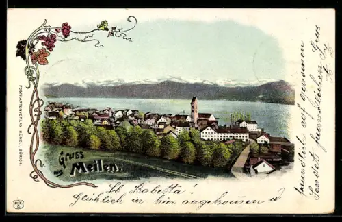 Lithographie Meilen, Ortsansicht am See mit Kirche