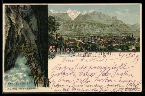 Lithographie Meiringen, Aareschlucht und Ortsansicht