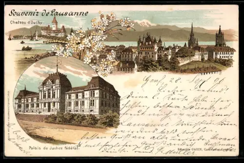 Lithographie Lausanne, Chateau d`Ouchy, Palais de Justice fédéral