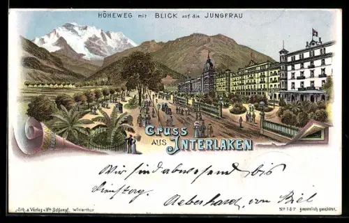 Lithographie Interlaken, Höheweg mit Blick auf die Jungfrau