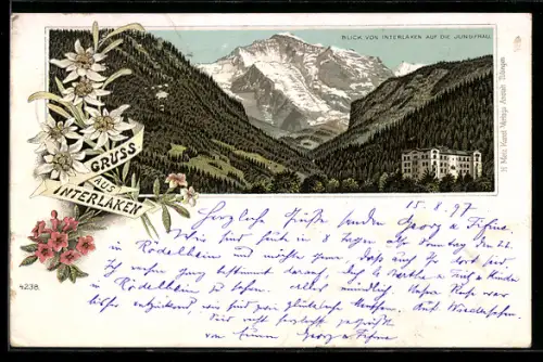 Lithographie Interlaken, Blick von Interlaken auf die Jungfrau