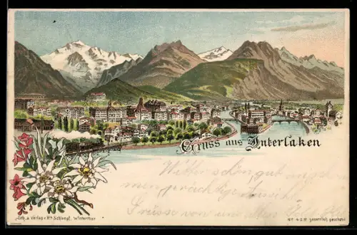 Lithographie Interlaken, Panorama mit Brücke und Bergen