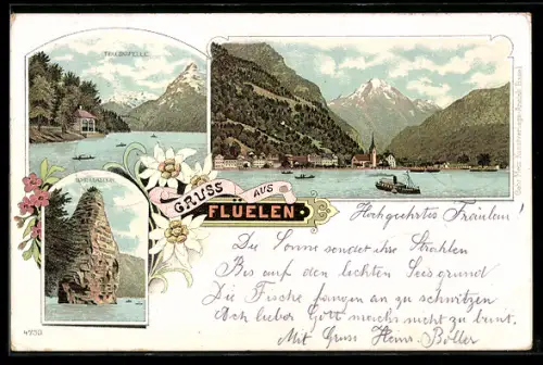 Lithographie Fluelen, Dorfansicht am See mit Kirche und Dampfschiff