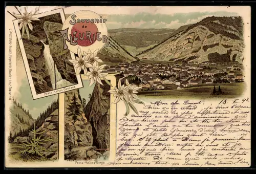 Lithographie Fleurier, Vue générale et vues de la Porte-Raisse, cascade et gorge
