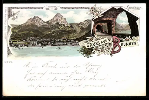 Lithographie Brunnen, Seepanorama und Axenstrasse
