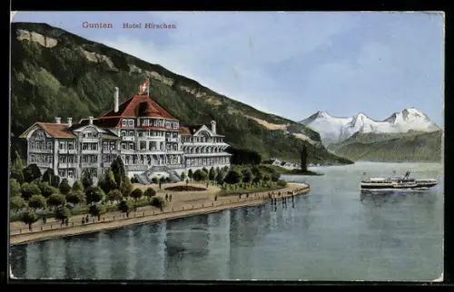 AK Gunten, Hotel Hirschen am See mit Dampfschiff und Bergen