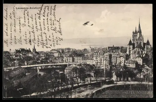 AK Lausanne, Aviation, Flugzeug über der Stadt