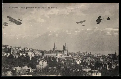 AK Lausanne, Vue générale et les Alpes de Savoie, Aviation, Flugzeug