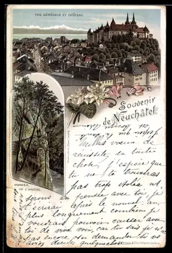 Lithographie Neuchâtel, Vue générale et château, Gorges de l`Areuse