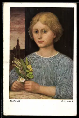 Künstler-AK Matthäus Schiestl: Frühlingszeit, Mädchen mit Blumen am Fenster