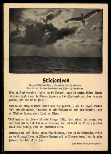 AK Friesenlied und Möwe über dem Meer