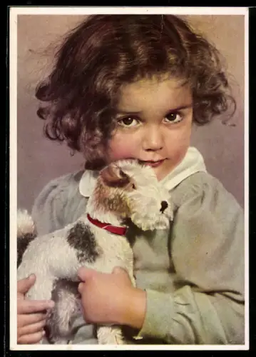 AK Mädchen mit Spielzeug-Foxterrier im Arm