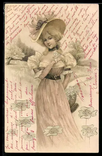 AK Junge Dame in Sommerkleid mit Korb voller Klee