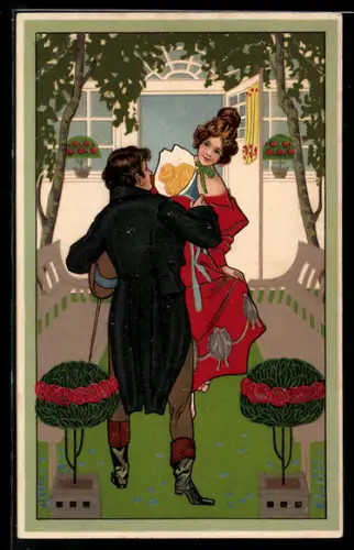 AK Kavalier mit Blumen und junge Dame, Biedermeier