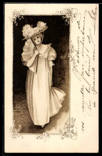 Lithographie junge Dame mit Hut und einem Fächer