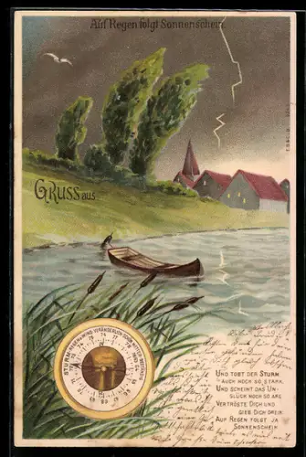 Lithographie Auf Regen folgt Sonnenschein..., Flusslandschaft bei Gewitter, Barometer