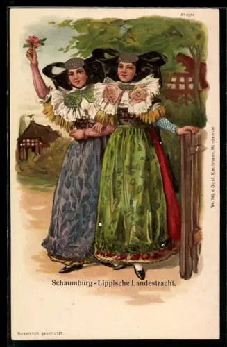 Lithographie Porta Westfalica, Frauen in Tracht aus Schaumburg-Lippe