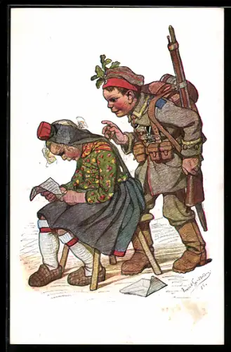 Künstler-AK Emil Beithan: Hessische Trachten, Kleiner Feldgrauer und Maid