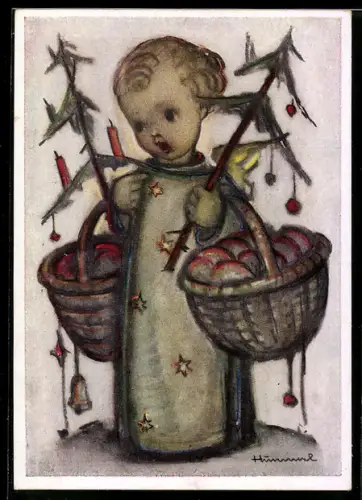 Künstler-AK Hummel: Der Weihnachtsengel, Körbe, Christbäume