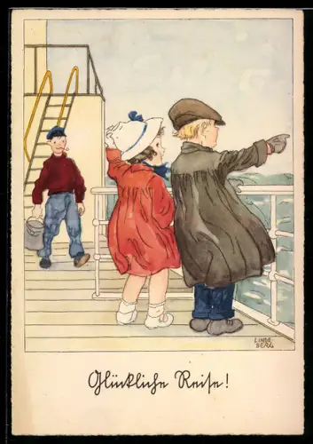 Künstler-AK sign. Lindeberg: Zwei Kinder auf einem Schiff