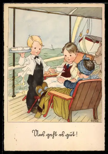Künstler-AK sign. Lindeberg: Kinder auf einem Schiff trinken Kaffee
