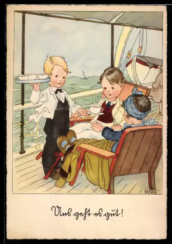 Künstler-AK sign. Lindeberg: Kinder auf einem Schiff trinken Kaffee