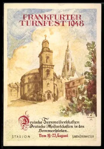 AK Frankfurt, Turnfest 1948, Teilansicht aus dem Ort