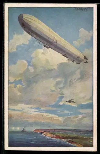 Künstler-AK Hans Rudolf Schulze: Reichsmarine-Zeppelin über der deutschen Ostseeküste
