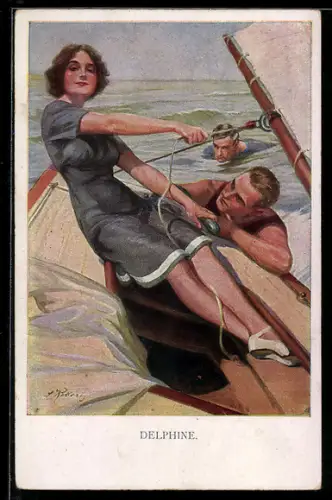 Künstler-AK M.Munk Nr.: 1124, Delpine - her pilot, Frau segelt, Schwimmer begleiten sie