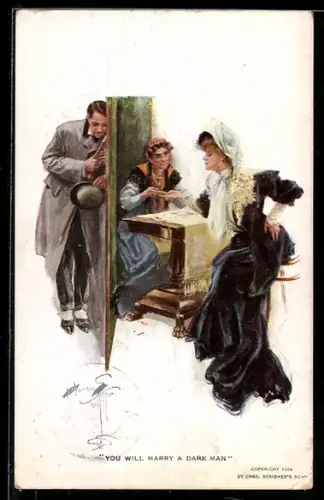 Künstler-AK Harrison Fisher: You will marry a Dark Man, Frau bei einer Hellseherin