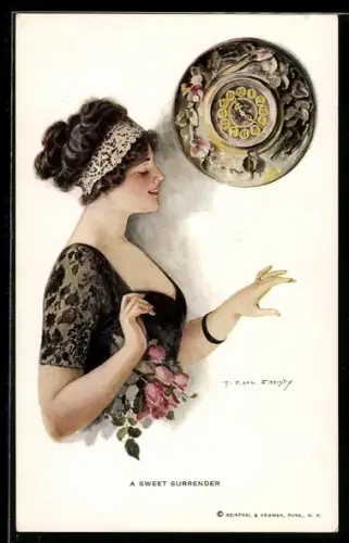 Künstler-AK F. Earl Christy: A Sweet Surrender, junge Frau mit Verlobungsring