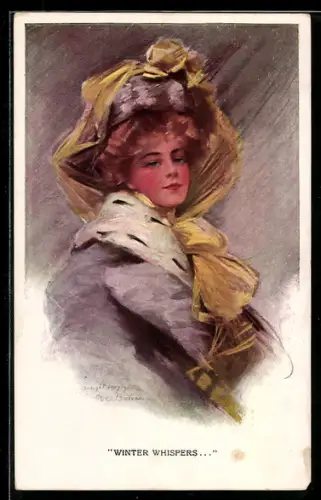 Künstler-AK Philip Boileau: Winter Whispers, Winterflüstern, Portrait, junge Frau in eleganter Winterkleidung