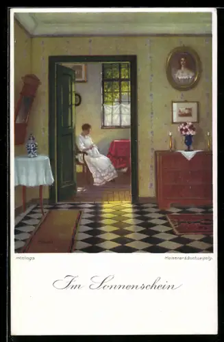 Künstler-AK Meissner & Buch (M&B) Nr.02415: Im Sonnenschein, Frau sitzt und näht