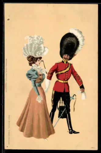 AK britischer Garde-Soldat in Paradeuniform, elegantes Mädchen trägt modischen Hut