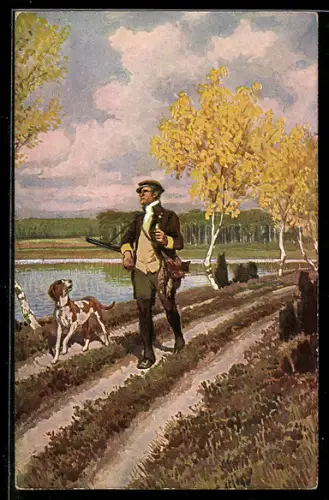 Künstler-AK P. Hey, Volksliederkarte Nr.13: Im Wald und auf der Heide, Jäger mit seinem Hund