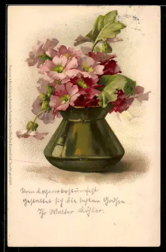 Künstler-AK Catharina Klein: Grüne Vase mit roten Blumen