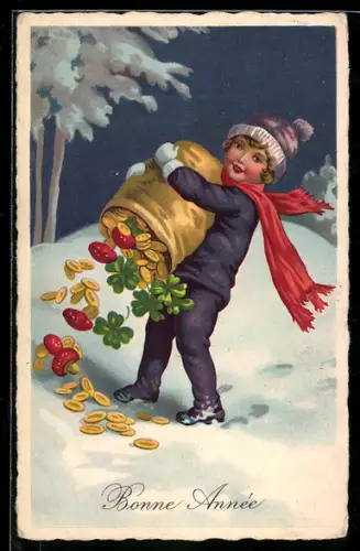 AK Junge mit einem Geldsack im Winter, Neujahrsgruss