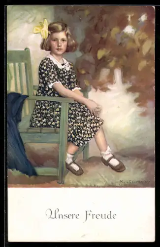 Künstler-AK Meissner & Buch (M&B) Nr. 2551, sign. Max Obermayer: Mädchenportrait mit gelber Haarschleife