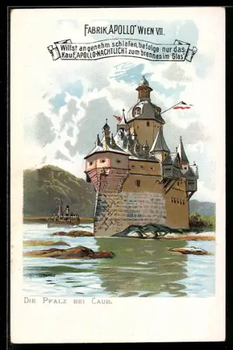 AK Caub, Die Pfalz mit Dampfschiff
